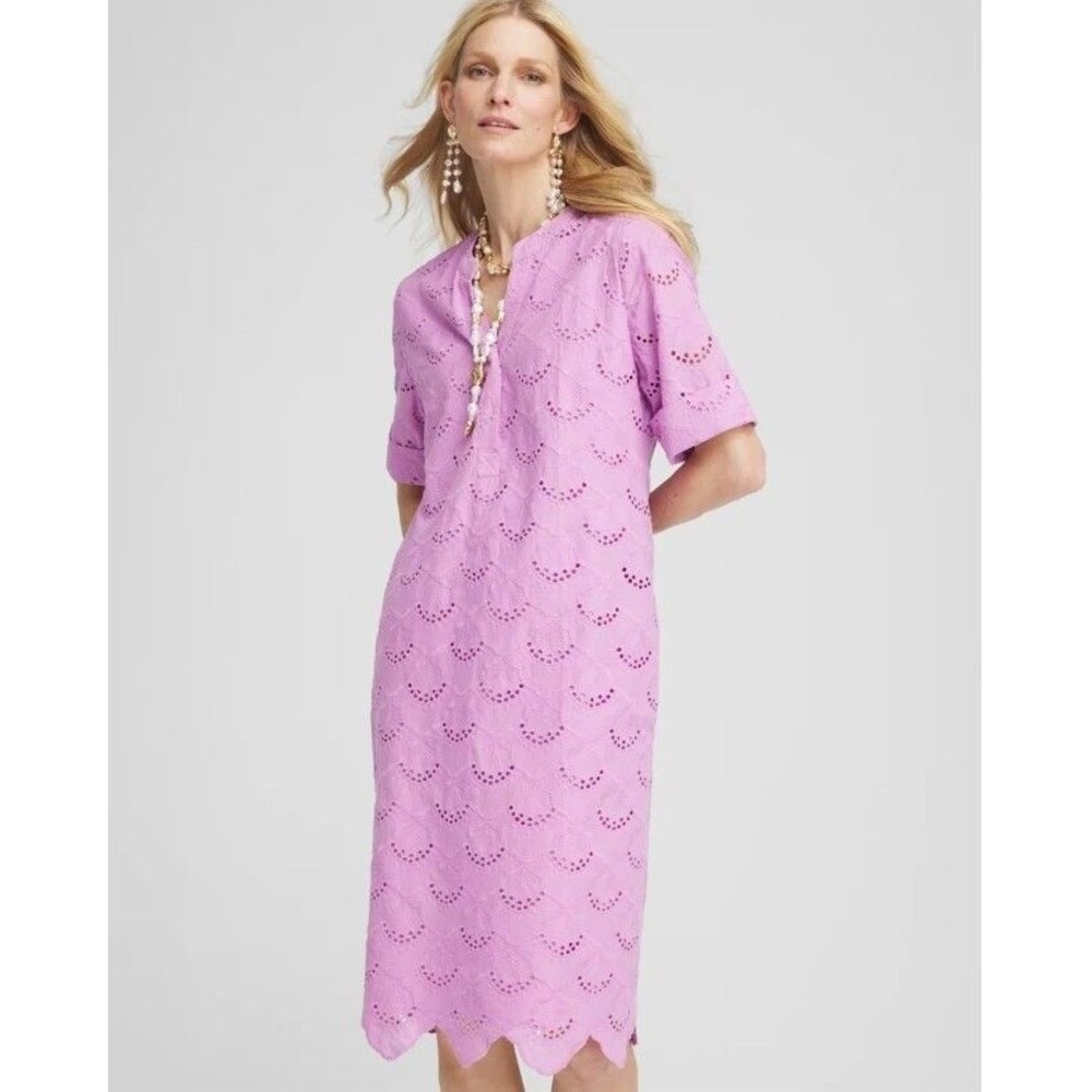 Chico's Eyelet Popover Dress Lavender Skies Size 3 XL 16 NWT Scalloped Hem